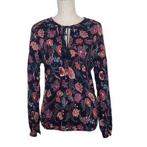 LUCKY BRAND Blouse Women's Size Medium Blue Pink Floral V-Neck Long Sleeve Top